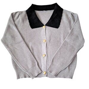Gray and Black Korean Style Cardigan Sweater, V-neck, Gold Buttons, Puff Sleeves